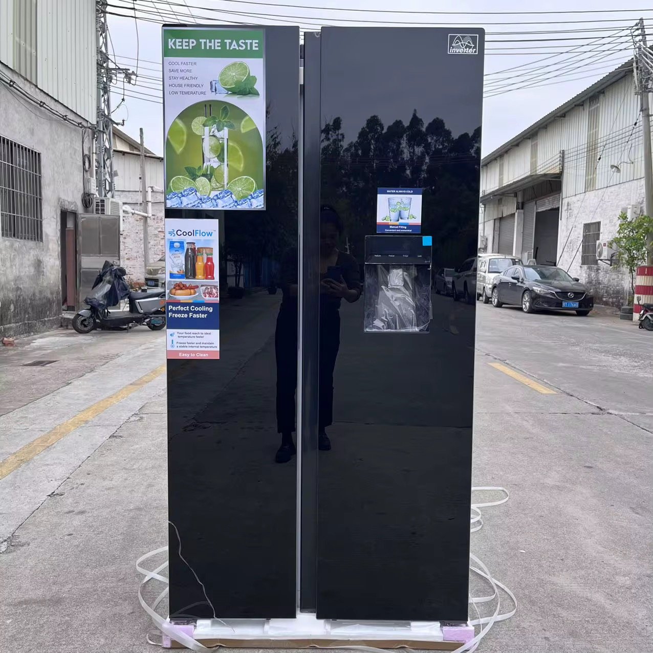 Double Door Side by Side Fridge 578L Black Tempered Glass Door